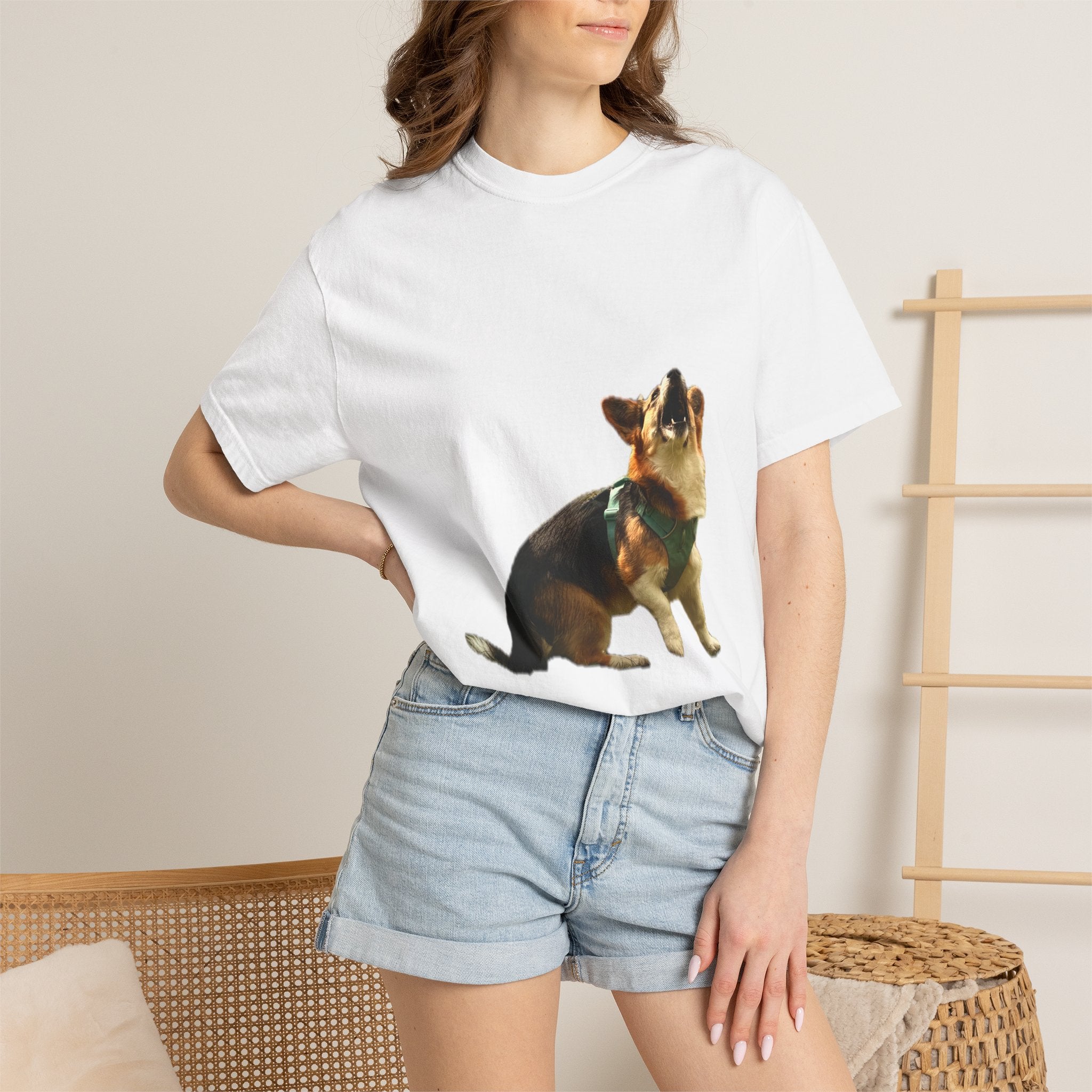 Good Boy Energy Corgi Heavyweight Tee - Howling Tricolor Corgi Graphic Shirt