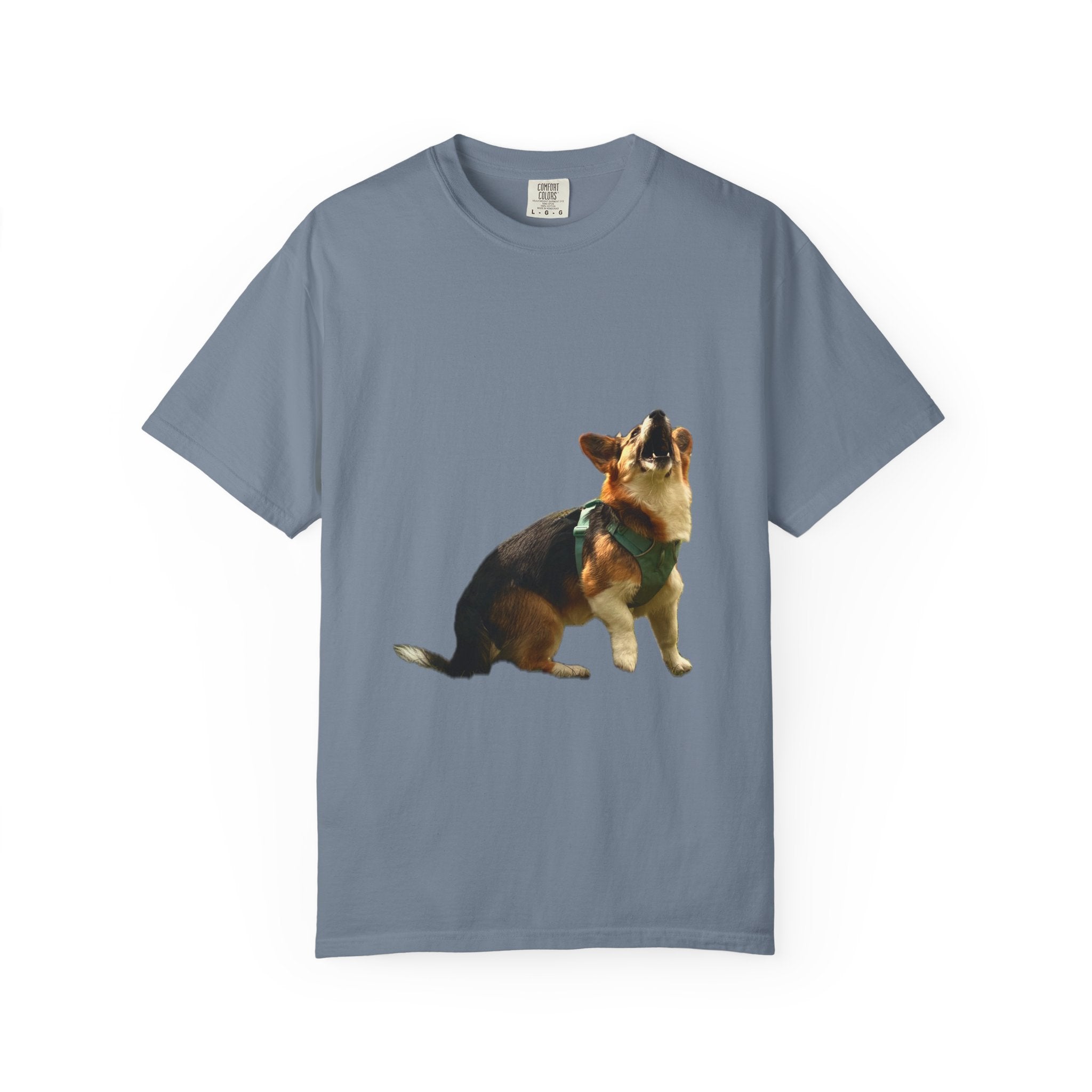 Good Boy Energy Corgi Heavyweight Tee - Howling Tricolor Corgi Graphic Shirt