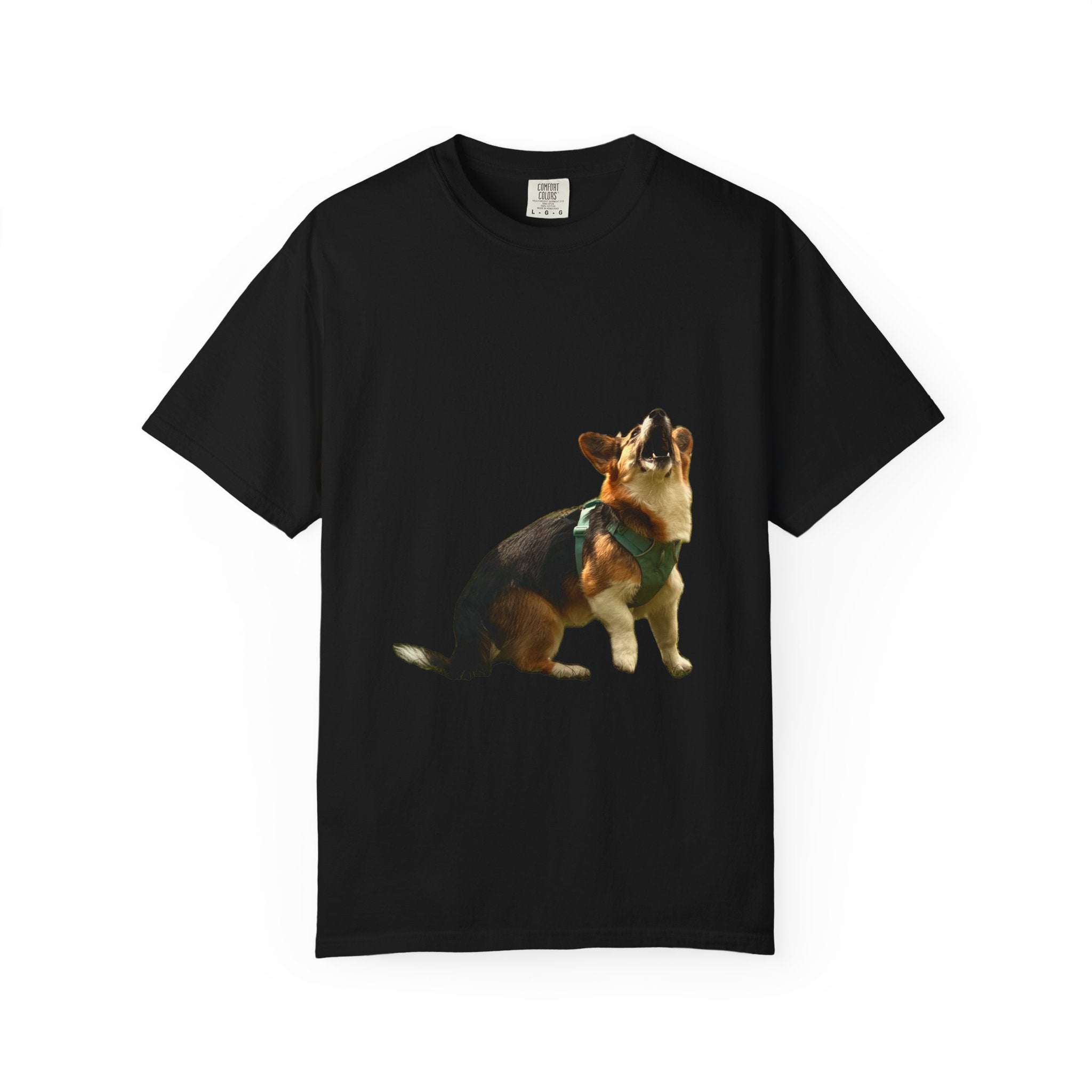 Good Boy Energy Corgi Heavyweight Tee - Howling Tricolor Corgi Graphic Shirt