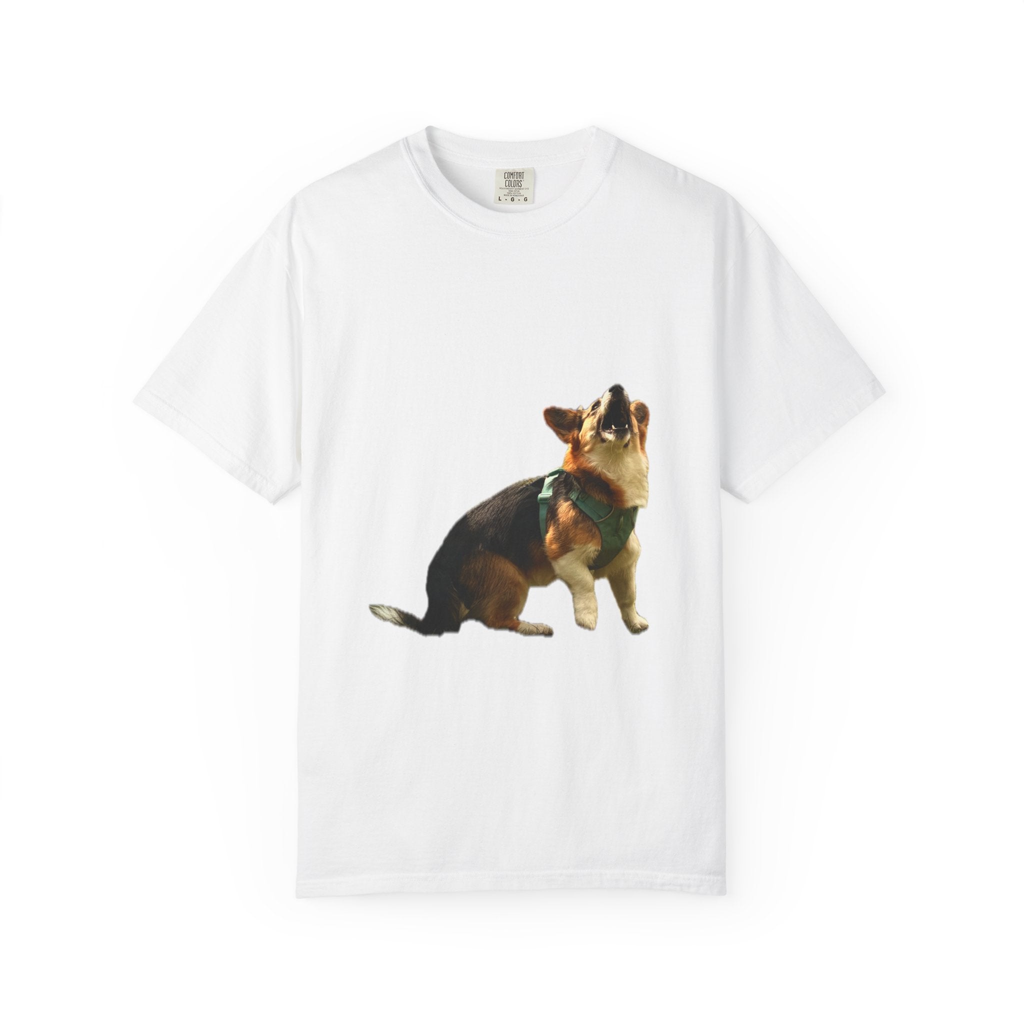 Good Boy Energy Corgi Heavyweight Tee - Howling Tricolor Corgi Graphic Shirt